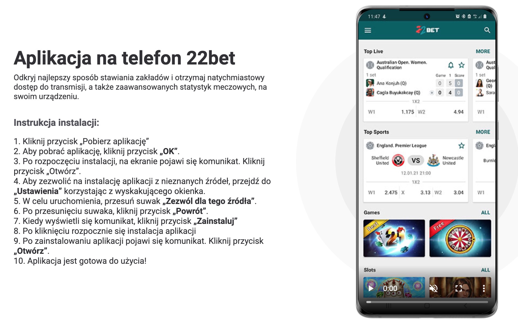 22Bet aplikacja mobilna instrukcja